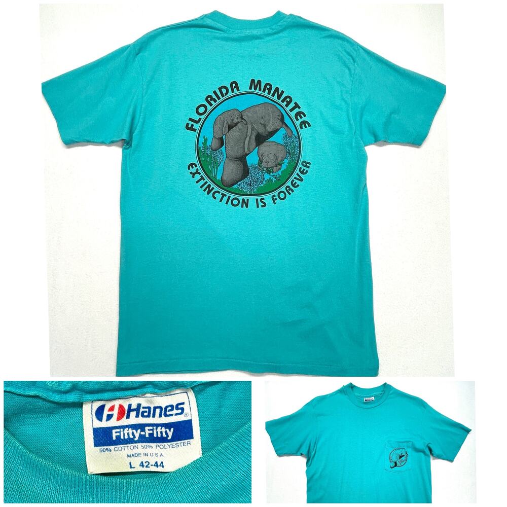 Vtg Hanes Short Sleeve T Shirt USA Adult L Teal Manatee FL Pocket Single Stitch